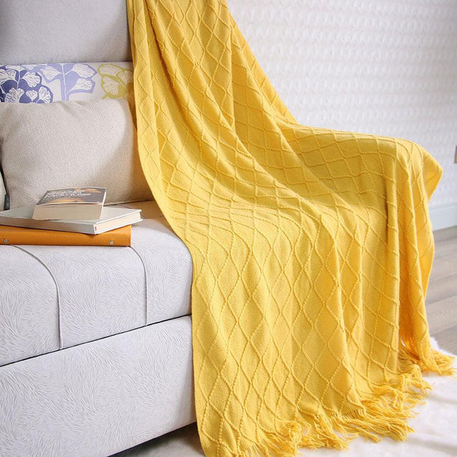 Turmeric Nordic Knitted Throw Blanket with Tassels 130x230cm Soft Acrylic Diamond Pattern Sofa Cover Bed Runner and Travel Blanket.