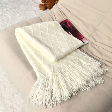 Pure white Nordic Knitted Throw Blanket with Tassels 130x230cm Soft Acrylic Diamond Pattern Sofa Cover Bed Runner and Travel Blanket.