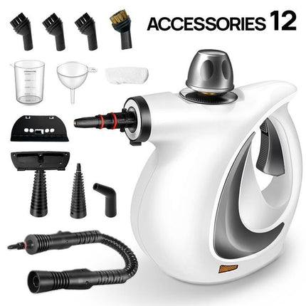 White Handheld Steam Cleaner 1050W High Pressure Chemical Free Cleaning Machine with 12 Piece Accessory Set for Kitchen Bathroom Car and Upholstery.