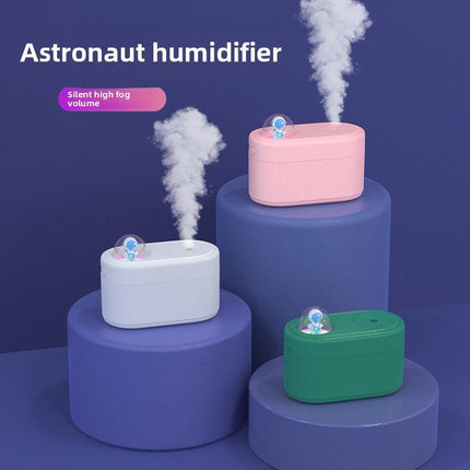 White Rechargeable Mini Astronaut Air Humidifier USB Desktop Cool Mist Humidifier with 7-Color LED Night Light for Bedroom and Office.