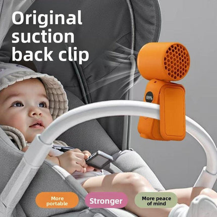 Orange Portable Handheld Fan 350 Degree Rotation Foldable Neck Hanging Waist Fan with Magnetic Base LED Display 5 Speed Personal Fan.