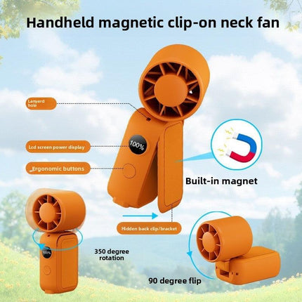 Light green Portable Handheld Fan 350 Degree Rotation Foldable Neck Hanging Waist Fan with Magnetic Base LED Display 5 Speed Personal Fan.