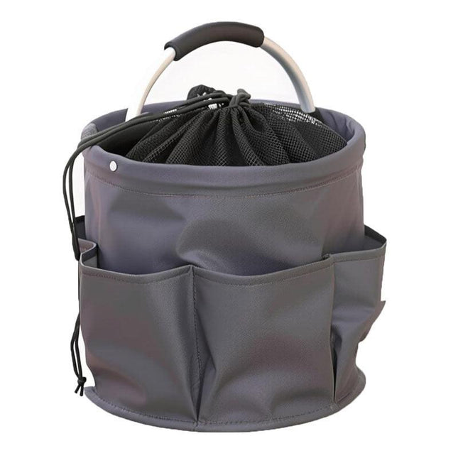 Grey Multi-Function Collapsible Storage Basket with Drawstring Closure Portable Cleaning Caddy and Picnic Organiser Bag with Multiple Pockets.