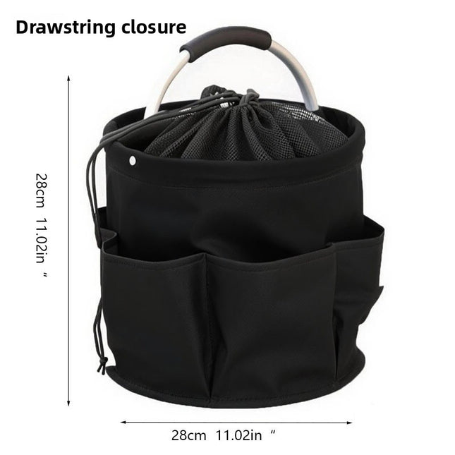 Black Multi-Function Collapsible Storage Basket with Drawstring Closure Portable Cleaning Caddy and Picnic Organiser Bag with Multiple Pockets.