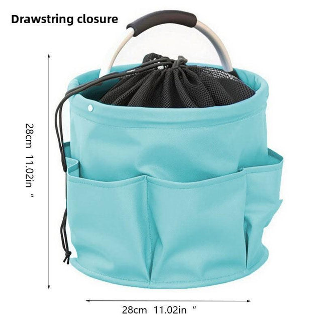 Sky Blue Multi-Function Collapsible Storage Basket with Drawstring Closure Portable Cleaning Caddy and Picnic Organiser Bag with Multiple Pockets.