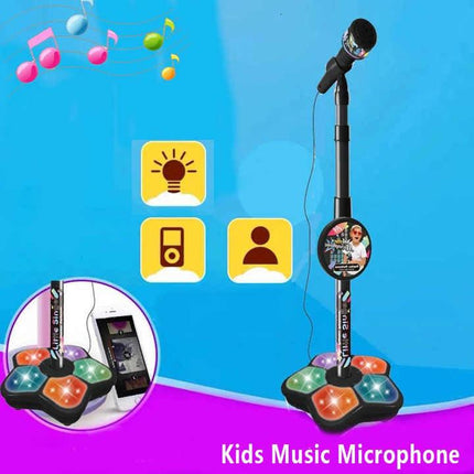 Blue Kids Star Karaoke Microphone Stand Adjustable Height Music Toy with Flashing Lights and MP3 Connectivity for Boys and Girls.