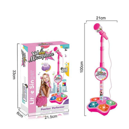 Pink Kids Star Karaoke Microphone Stand Adjustable Height Music Toy with Flashing Lights and MP3 Connectivity for Boys and Girls.