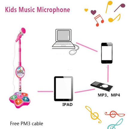 Pink Kids Star Karaoke Microphone Stand Adjustable Height Music Toy with Flashing Lights and MP3 Connectivity for Boys and Girls.