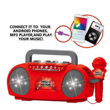 Red Kids Portable Singing Machine Karaoke Boombox Toy with Microphone Flashing Lights and MP3 Music Player for Boys and Girls.