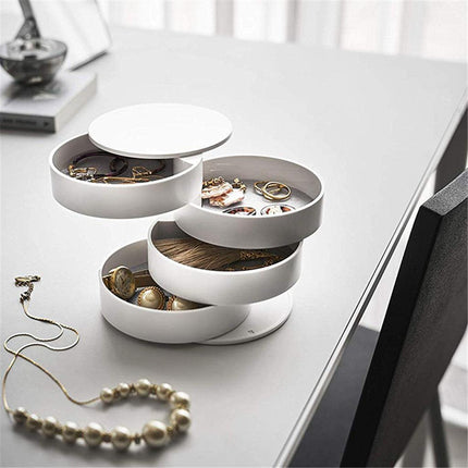 2 Pack White Nordic Style Rotating Jewellery Storage Box 4-Layer Dustproof Organiser Case with Felt Lining for Accessories and Trinkets.