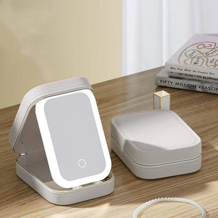 White Portable LED Makeup Mirror with Jewellery Storage Box Touch Screen Adjustable Light Travel Cosmetic Organizer Case.