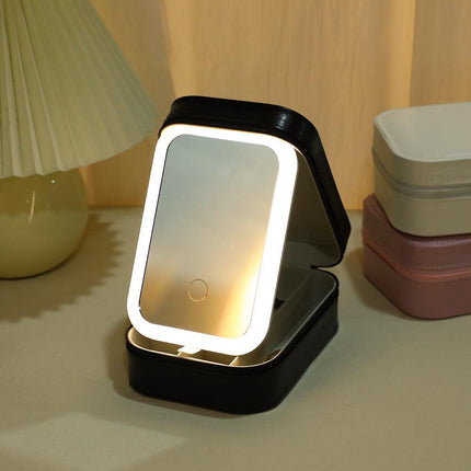 Black Portable LED Makeup Mirror with Jewellery Storage Box Touch Screen Adjustable Light Travel Cosmetic Organizer Case.