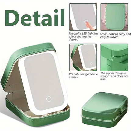 Black Portable LED Makeup Mirror with Jewellery Storage Box Touch Screen Adjustable Light Travel Cosmetic Organizer Case.