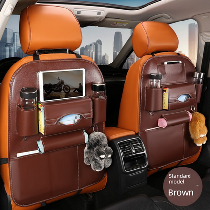 2-PCS Brown PU Leather Car Back Seat Organizer Kick Mat with Touch Screen Tablet Holder Multi-Pocket Travel Storage Bag.
