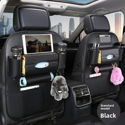 2-PCS Black PU Leather Car Back Seat Organizer Kick Mat with Touch Screen Tablet Holder Multi-Pocket Travel Storage Bag.