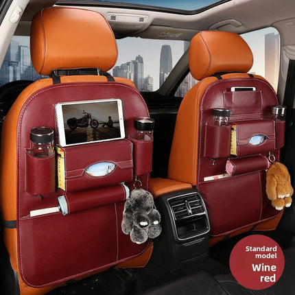 2-PCS Wine red PU Leather Car Back Seat Organizer Kick Mat with Touch Screen Tablet Holder Multi-Pocket Travel Storage Bag.