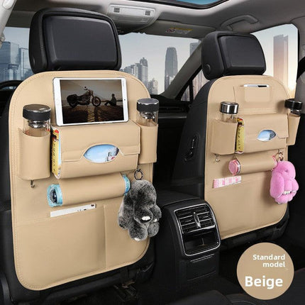2-PCS Beige PU Leather Car Back Seat Organizer Kick Mat with Touch Screen Tablet Holder Multi-Pocket Travel Storage Bag.