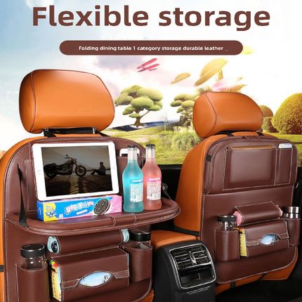 2-PCS Beige PU Leather Car Back Seat Organizer Kick Mat with Touch Screen Tablet Holder Multi-Pocket Travel Storage Bag.