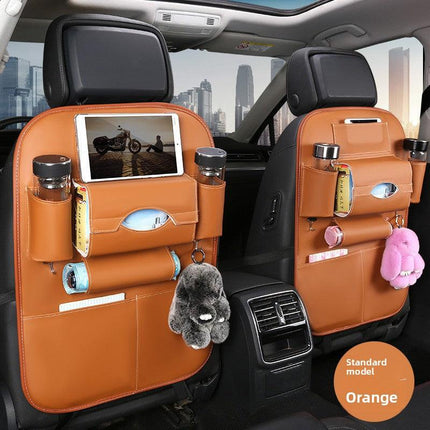 2-PCS Orange PU Leather Car Back Seat Organizer Kick Mat with Touch Screen Tablet Holder Multi-Pocket Travel Storage Bag.
