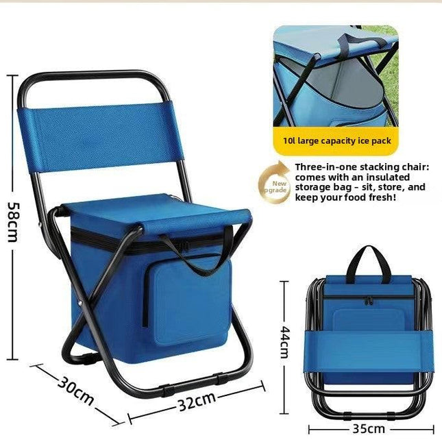 Blue 3-in-1 Portable Folding Camping Chair with Built-in 10L Cooler Bag Lightweight Backpack Stool for Fishing Beach and Outdoor Picnics.