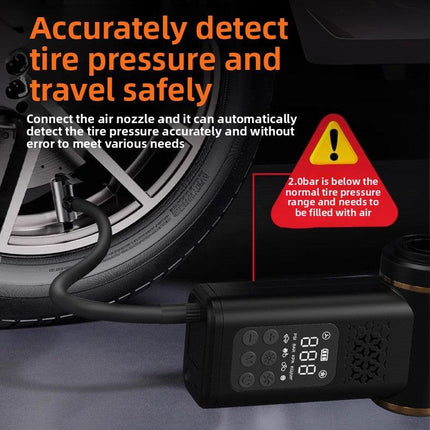 Black 4-in-1 Car Vacuum Cleaner and Tyre Inflator Portable Cordless Air Pump with LED Light and Digital Pressure Gauge.