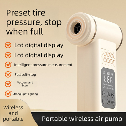 Beige 4-in-1 Car Vacuum Cleaner and Tyre Inflator Portable Cordless Air Pump with LED Light and Digital Pressure Gauge.