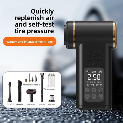 Beige 4-in-1 Car Vacuum Cleaner and Tyre Inflator Portable Cordless Air Pump with LED Light and Digital Pressure Gauge.