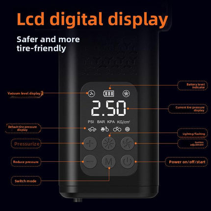 Beige 4-in-1 Car Vacuum Cleaner and Tyre Inflator Portable Cordless Air Pump with LED Light and Digital Pressure Gauge.
