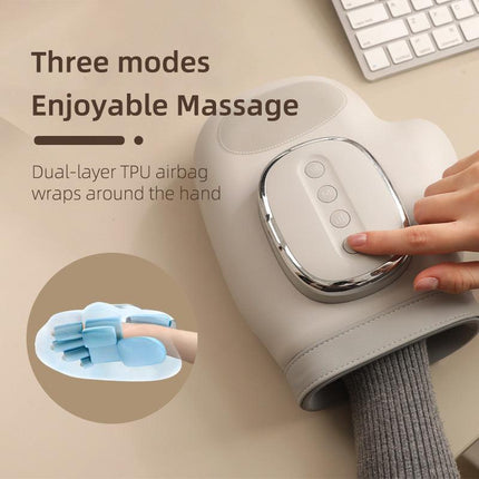 Grey Electric Cordless Hand Massager with Heat and Air Compression Smart Finger and Palm Massager for Arthritis Pain Relief and Relaxation.