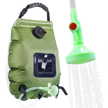 Green Portable Solar Camping Shower Bag 20L 5 Gallon Water Capacity Outdoor Bathing Bag with Removable Hose and Shower Head.