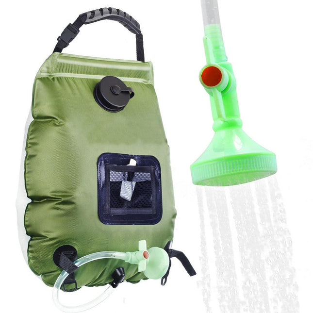 Green Portable Solar Camping Shower Bag 20L 5 Gallon Water Capacity Outdoor Bathing Bag with Removable Hose and Shower Head.