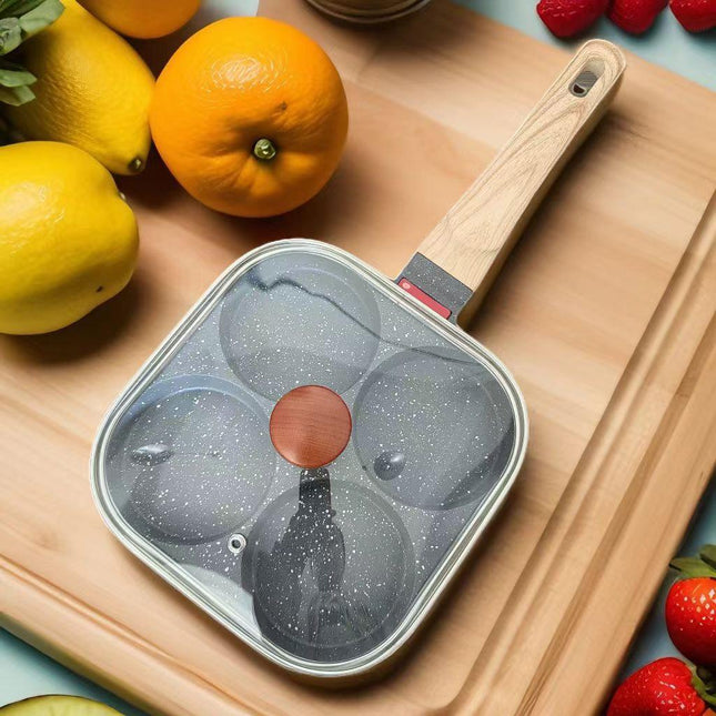 4-Hole Non-Stick Fried Egg Pan with Glass Lid Maifan Stone Coating Breakfast Pancake Maker for Burgers and Omelettes(Wood-coloured cover bead).