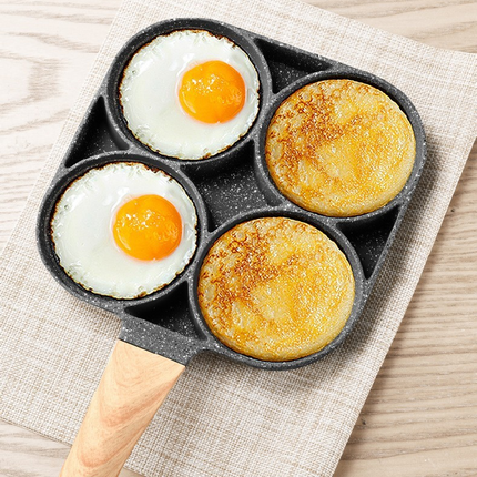 4-Hole Non-Stick Fried Egg Pan with Glass Lid Maifan Stone Coating Breakfast Pancake Maker for Burgers and Omelettes(Wood-coloured cover bead).