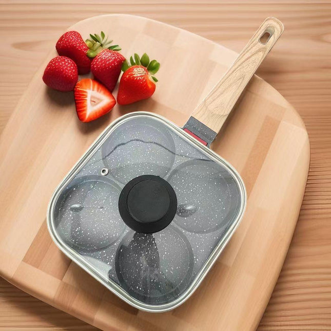 4-Hole Non-Stick Fried Egg Pan with Glass Lid Maifan Stone Coating Breakfast Pancake Maker for Burgers and Omelettes(Black cap bead).