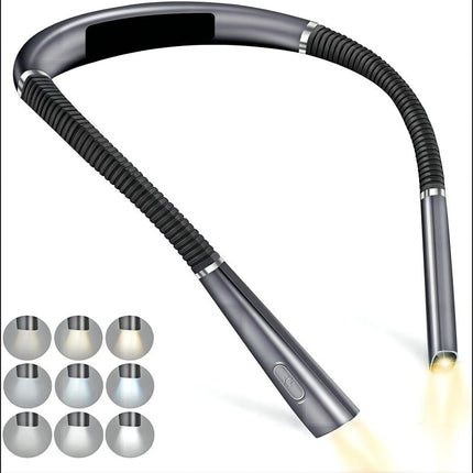 Grey Hands-Free USB Rechargeable Neck Reading Light 3 Colour Modes Flexible LED Book Lamp for Night Reading Knitting Repairing.
