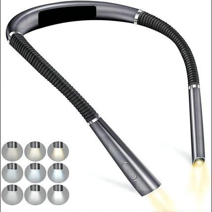 Grey Hands-Free USB Rechargeable Neck Reading Light 3 Colour Modes Flexible LED Book Lamp for Night Reading Knitting Repairing.