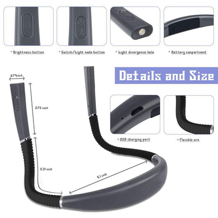 Blue Hands-Free USB Rechargeable Neck Reading Light 3 Colour Modes Flexible LED Book Lamp for Night Reading Knitting Repairing.