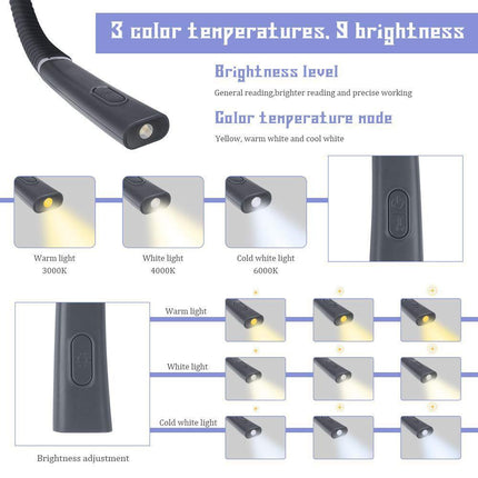 Blue Hands-Free USB Rechargeable Neck Reading Light 3 Colour Modes Flexible LED Book Lamp for Night Reading Knitting Repairing.