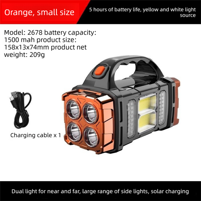 Gold Solar Powered LED Camping Lantern and Flashlight Rechargeable Portable Searchlight with Side Light and USB Power Bank for Outdoor Emergency.