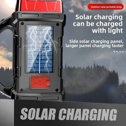 Gold Solar Powered LED Camping Lantern and Flashlight Rechargeable Portable Searchlight with Side Light and USB Power Bank for Outdoor Emergency.