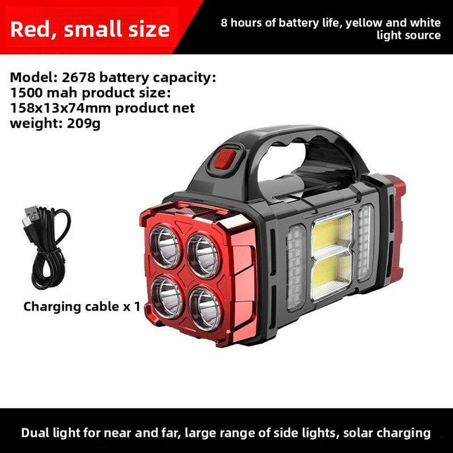 Red Solar Powered LED Camping Lantern and Flashlight Rechargeable Portable Searchlight with Side Light and USB Power Bank for Outdoor Emergency.