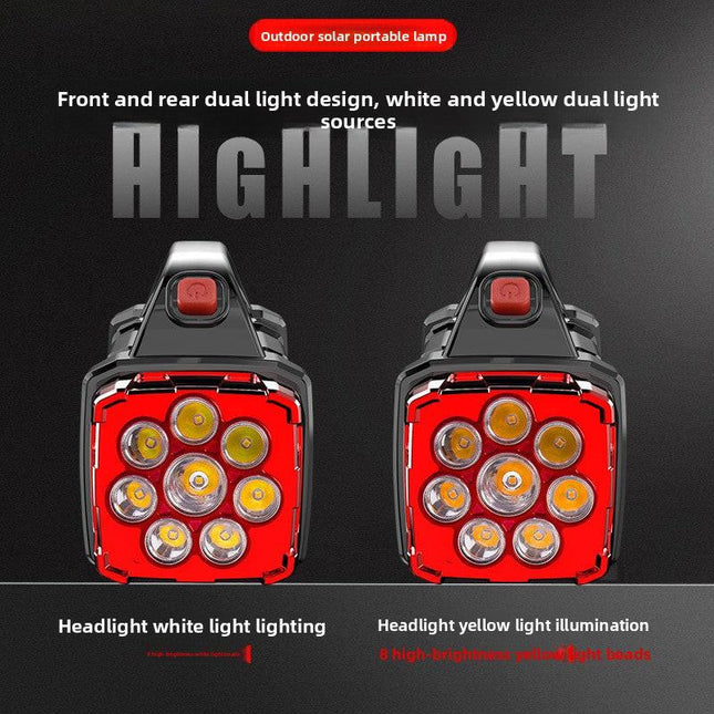 Red Solar Powered LED Camping Lantern and Flashlight Rechargeable Portable Searchlight with Side Light and USB Power Bank for Outdoor Emergency.