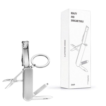 2-PCS Original steel colour 5-in-1 Foldable Stainless Steel Nail Clipper Multitool Keychain with Knife Scissors and File Portable Pocket Manicure Set.