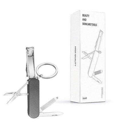 2-PCS Black 5-in-1 Foldable Stainless Steel Nail Clipper Multitool Keychain with Knife Scissors and File Portable Pocket Manicure Set.