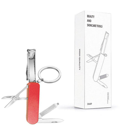 2-PCS Red 5-in-1 Foldable Stainless Steel Nail Clipper Multitool Keychain with Knife Scissors and File Portable Pocket Manicure Set.