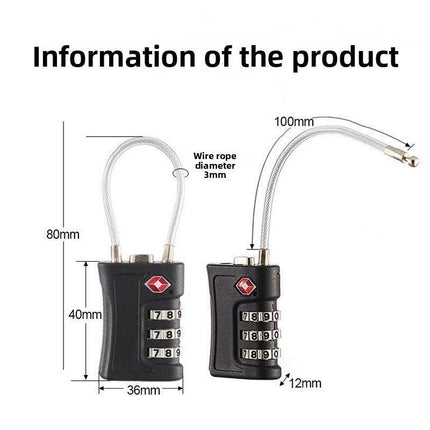 Black TSA Approved Cable Combination Padlock 3-Digit Security Lock for Travel Luggage Suitcase Gym Lockers Durable Steel Wire Australian Travel Essential.