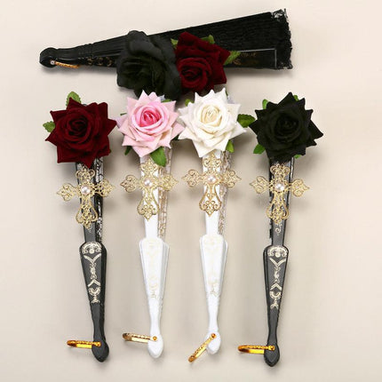 2 Pack White lace, white roses Vintage Lace Folding Fans Gothic Palace Style with Rose Cross Tassels for Tea Party Cosplay and Photo Props.