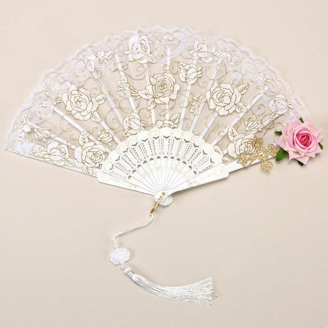 2 Pack White lace pink roses Vintage Lace Folding Fans Gothic Palace Style with Rose Cross Tassels for Tea Party Cosplay and Photo Props.