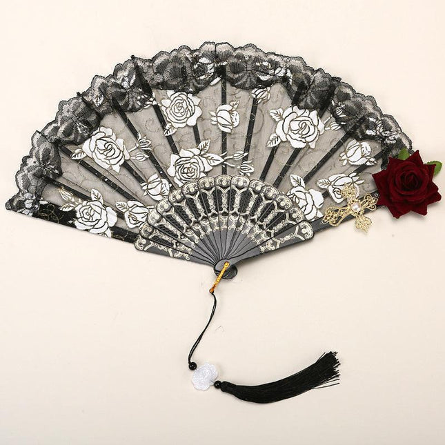 2 Pack Black Lace Burgundy Rose Vintage Lace Folding Fans Gothic Palace Style with Rose Cross Tassels for Tea Party Cosplay and Photo Props.
