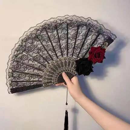 2 Pack Black Lace Burgundy Rose Vintage Lace Folding Fans Gothic Palace Style with Rose Cross Tassels for Tea Party Cosplay and Photo Props.